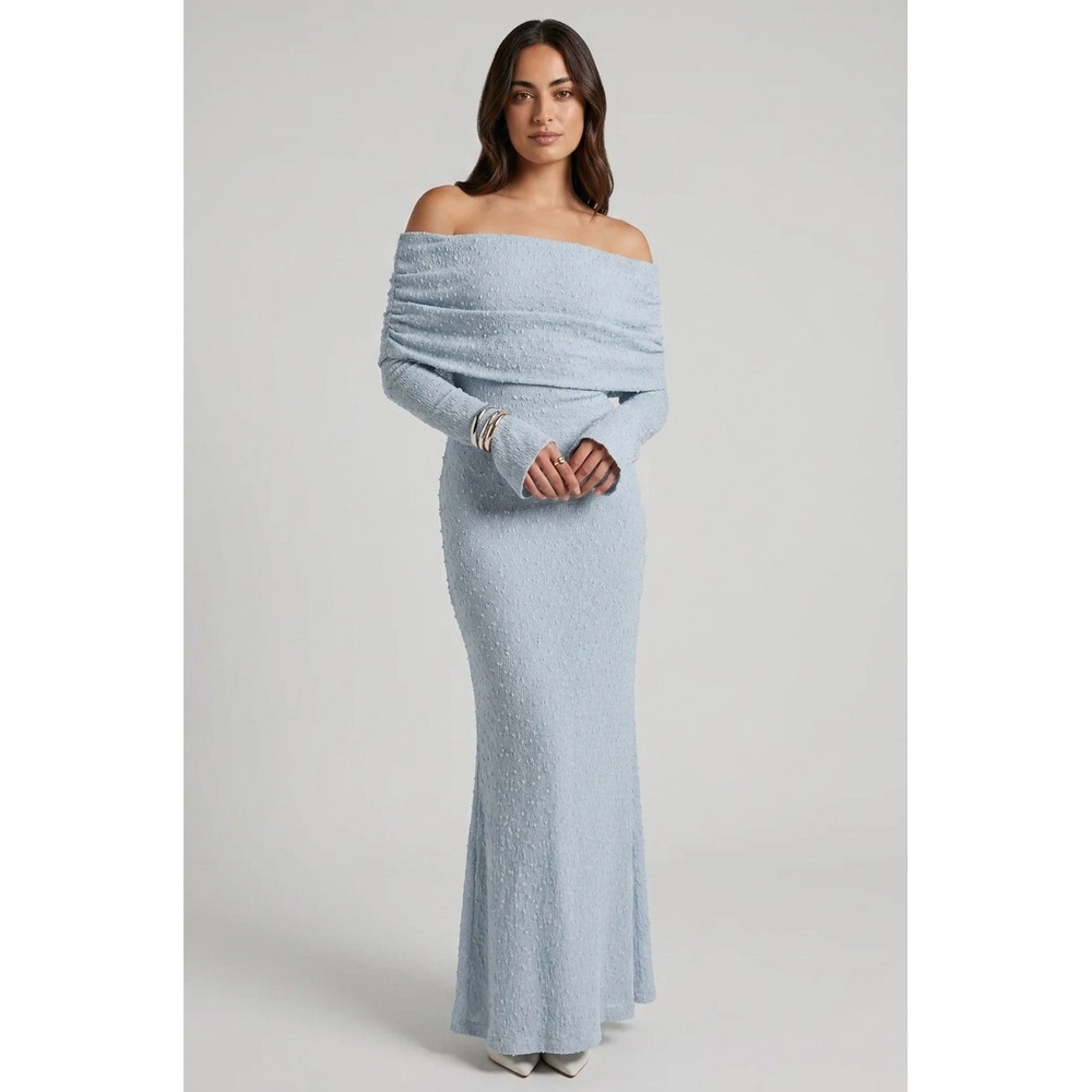Petal & Pup Wilma Off Shoulder Dress Large Blue Knit Long Sleeve Boho Modern